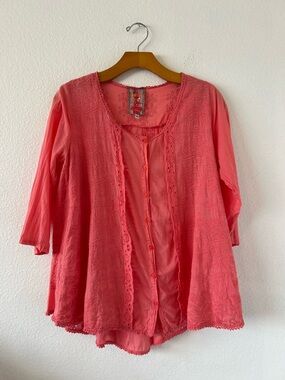 Johnny Was Passion Fruit Eyelet Button Down Women's Embroidered Blouse Size XS
